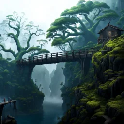 1 massive squat wooden bridge connects the over two gorge, between two tall rocky shores, sprawling, tall alien trees on both shores, log wooden houses in the distance in the background, rainy landscape, lush vegetation, massive trees,, high detailed, fantasy, cinematic