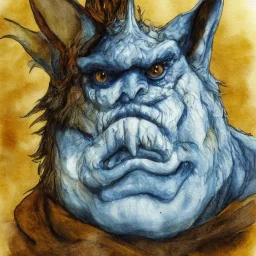 dungeons and dragons, fantasy, goblin, king, portrait, distinct face, ochre skin, watercolour, blue nose