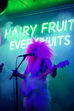 An "Hairy Fruit" performing at dance club, the name is "Hairy Fruits " HAIRY FRUITS EVERYWERE, , Green Neon lights and smog, "HAIRY FRUITS" big sign on the wall