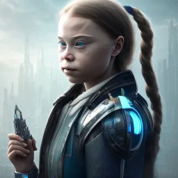  Greta Thunberg portrait in post-apocalypse cyborgs in a cyberpunk city, sci-fi fantasy style, 8k, dark