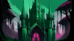 Ben Bocquelet's green and magenta gothic art, a dark and eerie castle with twisted spires and haunting shadows, featuring a mysterious cloaked figure standing at the entrance