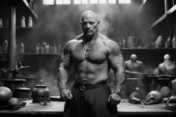 [very impressive high res masterpiece in Kodak Eastman 5247, scene by László Krasznahorkai] bald Charles Bronson as Vulcan covered with tattoos, the deity of hell and blacksmith of gods, in his smoky workshop, his hands are surrounded by an aura of power