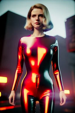 retro sci-fi portrait image from 1980, Los Angeles street explosions, fire, scared people, sweet young blonde woman walking, tight latex suit, soft color, highly detailed, unreal engine 5, ray tracing, RTX, lumen lighting, ultra detail, volumetric lighting, 3d, finely drawn, high definition, high resolution.