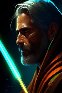Closeup portrait of a jedi with a lightsaber, highly detailed, science fiction, star wars concept art, intricate details, bright colors, golden hour, art by marko djurdjevic, greg rutkowski, wlop, fredperry, digital painting, rossdraws.