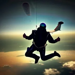 a lone skydiver crouched at airplane door, ground and clouds below, ready to jump, 8k resolution, high-quality, fine-detail, iridescent, intricate, digital art, detailed matte, volumetric lighting, illustration, 3D octane render, brian froud, howard lyon, selina french, anna dittmann, annie stokes, lisa parker, greg rutowski, George Grie, Ben Goossens, Igor Morski