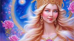 Create an image of a full body cosmic goddess with a smiling and beautiful face. the goddess should be depicted as a beautiful and powerful figure, surrounded by cosmic stars. her hair should be long, blond and flowing, and she should be dressed in a flowing gown blue celestial robe. in the background, include imagery of pink flowers, blue sky, trees. the image should evoke a sense of joy, celebration, and spiritual connection to nature.