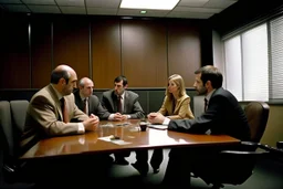 Reunión de 4 personas en una mesa de reuniones en una oficina. Fotografía en color. Con cámara Leica 35 mm