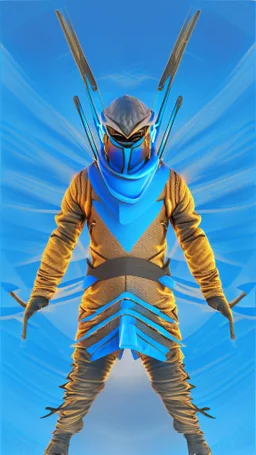 Arte digital Retrato hombre Ninja hiperrealista 4k cuerpo completo de cabeza a pies cielo azul claro