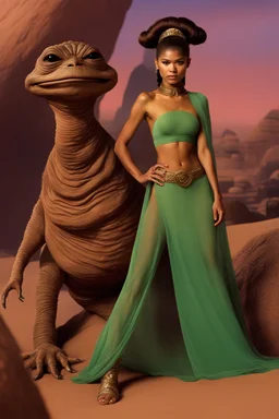 Zendaya in princess Leia's slave costume of the Return of the Jedi, close to Jabba the Hutt.