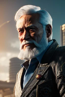 Old man Cyborg anime warrior, grey hair, trimmed grey beard,brown eyes, waist up portrait, 8k resolution, intricate details, ornate details, soft lighting, vibrant colors, retroanime, futuristic cityscape background