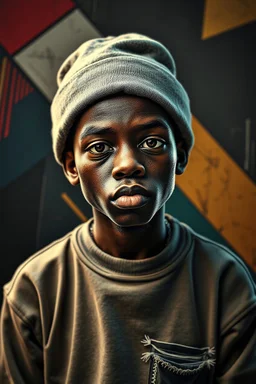 a bad boy javanesse, moslem hat, wearing torn sweatpants, artwork facial expression, high detail, extreme texture, a wide top bottom geometric pop art in the background, sophisticated, hdr*, hyper realistic, depth shadows, high contrast, unique elements enhanced, top quality, masterpiece