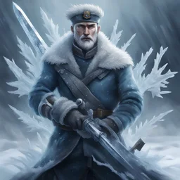 A sailor frozen and frostbitten and then they rise frost-crusted and icy a cold grip on a weapon, in organic art style