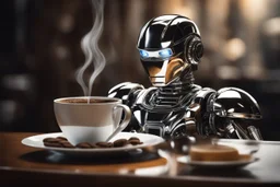 A hyper-realistic, A robotic figure, its body made of shining chrome, hovering above a cup of freshly brewed coffee, Photo Real, 64k