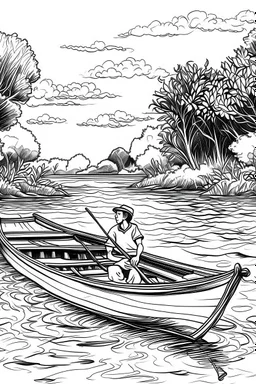 Outline art, no shading, boat full body on the river, cartoon style, black and white, low detail, --ar 9:11