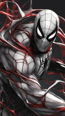 A close picture to Mix between moon knight and spider venom symbiote in dreamshaper finetuned model with dynamic art style witg with red details detailsis in fantasy world