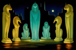 at night in an alley with noctilucent glass art sphinxes on both sides, torches, on a desert planet, perspective, centered, symmetry, vanishing point,by artist "William Merrit Chase",glass art