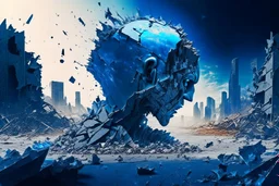 human design, breaking down into pieces, cinematic image, 16K, in the background earth cracked by drought and a city destroyed by the action of man, metallic blue tones