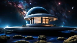 flotaing in big space a photorealistic futuristic unique house, outer space in a star nebula, streamlined futuristic spaceship floating in front, nebula behind, stars, tiny planets in the distance, dark blue deep space Professional photography, bokeh, natural lighting, canon lens, shot on dslr 64 megapixels sharp focus, stunnig, cinematic