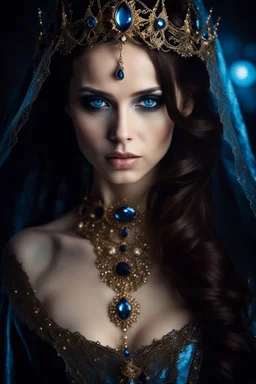 portrait of a young gothic queen with brown hair and blue eyes, very beautiful, dark fantasy