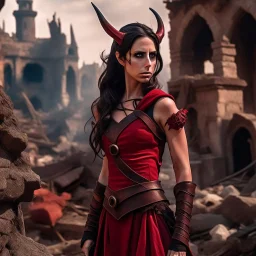 a beautiful tiefling woman with dark hair in a sleeveless battle outfit, amidst the ruins of a medieval town destroyed by war, photo quality, dark red colors