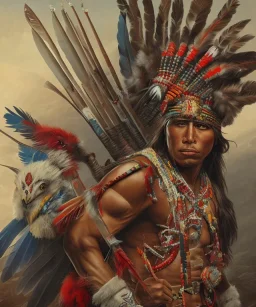 Guaicaipuro, native american, 30 years old, Muscular warrior, red feathers headdress, heroic pose holding spear