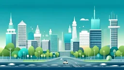 city landscape, minimalistic, road, trees, lights, flat style, smart city,