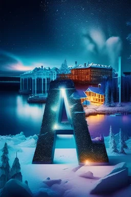 Finland, distinctive features. Northern lights. Finnish architecture. Helsinki. The Finnish letters of the alphabet are scattered in the foreground