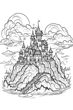 A vampire castle on a hill, surrounded by fog and illuminated by lightning. Outline, sketch style, only use outline, mandala style, clean line art, white background, no shadows, no clear wall, coloring page.