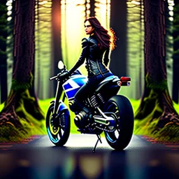 Very attractive woman sitting on a motorcycle. The bike is Yamaha. In the background is a forest. Realistic details. Photorealistic. 4K. Wide-angle lens.