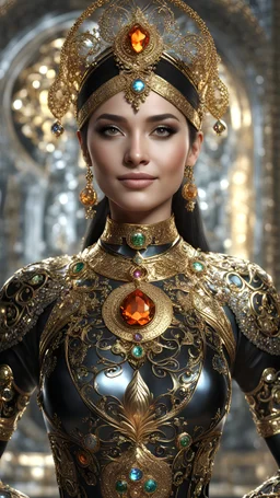 AI 3d photo realistic portrait of young woman, smiling, beautiful, shiny eyes, make up, Byzantine style, shiny baubles, ornate, large gemstones, shiny molten metalics, shiny filigree, black hair, high definition, high res, octane render, 64k, 3d