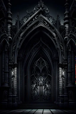 Create a gothic-inspired AI design logo with intricate details. Picture a dark, ornate gothic archway shrouded in shadows. Incorporate elements like intricate wrought iron patterns, dramatic lighting, and subtle hints of mystery to evoke the essence of the gothic style.