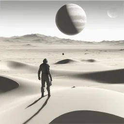 person alone in planet ,analog ,b&w ,Dune-Desert Planet Arrakis: Image of a barren, sandy desert planet with two moons in the sky, conveying the harsh environment of Arrakis., Alexandro Jodorowsy Art,Juan Gimenez Art,Space Art,Sci-Fic Art,Dark Influence,NijiExpress 3D v2,Kinetic Art,Datanoshing,Oil painting,Ink v3,Splash style,Abstract Art,Abstract Tech,CyberTech Elements,Futuristic,Epic style,Illustrated v3,Deco Influence,Air Brush style,drawing