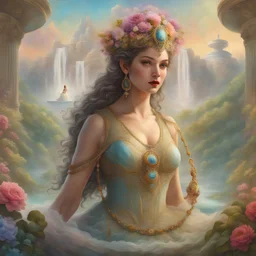 A breathtaking, epic, panoramic view: The fountain Goddess holding the fountain that begins a river. action scene, full body depth of field portrait of a mighty powerful goddess that creates the river :: spring colours :: magnificent, spectacular, in the style of Josephine Wall and Tom Bagshaw, 8K, matte background, watercolor, hyperdetailed, colorful, award winning, crisp quality, meticulous, airbrush, pencil sketch