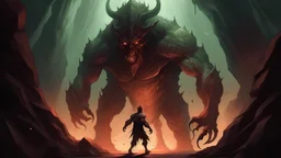 Dive into this mesmerizing illustration portraying a man bravely facing off against a fearsome demon