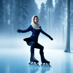 Woman skating on ice, blue, forest, snow, beautiful, mountain, masterpiece, expert, 8K, hyperrealism, sharp focus, cinematic lighting