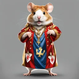 anthropomorphic hamster wearing a Wales flag gown and necklace with a text "7th" gold bling giving the bras d'honneur gesture, weirdcore, hyperreal