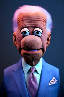 Waist up muppet Portrait, joe Biden as muppet doll, Blue suit retro style, photo studio, blue background, unreal engine 5, concept art, art station, god lights, ray tracing, RTX, lumen lighting, ultra detail, volumetric lighting, 3d.