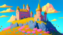 Castle on a hill, Pink walls, orange towers, yellow flowers on the ground, dark blue roof and aqua blue sky, very detailed