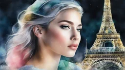 woman, Paris, night, watercolor, glow, transparency, lumen, professional photo, 3d, 64k, high resolution, high detail, computer graphics, hyperrealism, f/16, 1/300 s. digital painting, double exposure, colors: white, silver, gold, gray, delicate pink, delicate green, blue, photorealistic painting, tenderness, torn edges, cracks,