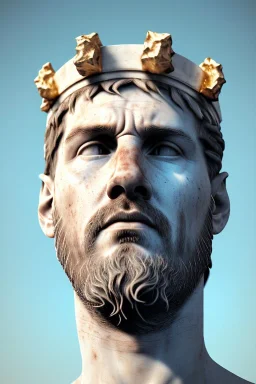 Ultra Realistic image, Roman sculpture, white marble material, Lionel Messi, gold crown of natural thorns, god crown, Renaissance style, sun rays background, waist up portrait, epic, celestial, cinematic lighting, God lights, 4k resolution, smooth details, soft lighting, unreal engine 5, art station, substance 3d.