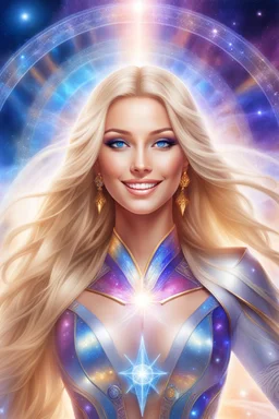 cosmic woman smile,beautiful ufos rainbow, admiral from the future, galactic confédération, fine whole face, crystalline skin, expressive blue eyes,rainbow, smiling lips, very nice smile, costume pleiadian, Beautiful tall woman pleiadian Galactic commander, ship, perfect datailed golden galactic suit, high rank, long blond hair, hand whit five perfect detailed finger, amazing big blue eyes, smilling mouth, high drfinition lips, cosmic happiness, bright colors, blue, pink, gold, jewels, realist,
