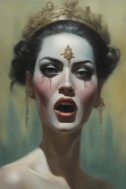 a closeup facial portrait of a prom queen getting bamboozled - extreme action pose - oil painting by Gerald Brom