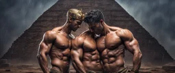 Hyper realistic shirtless muscular male pharaohs hugging & a pyramid behind at rainy night