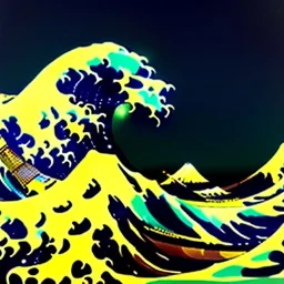 The great wave of kanagawa painted with clouds of colours,ystical colors ,perfectly centered image, perfect composition, rim light, beautiful lighting,masterpiece ,8k, stunning scene, raytracing, anatomically correct, in the style of Simon Bisley and Ohrai Noriyoshi and robert e howard and Steve Jung and Wizyakuza and uncannyknack