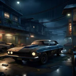 draw a photorealistic city scape in urban decay ruin porn at night in a cyberpunk dystopian fashion with a beat up old 67 barracuda on the street