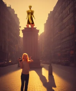 Statue of Queen of photography. Cute blonde woman. Photographer in golden crown. Standing on the street. Big camera in her hand. hyperdetailed, photorealistic, trending on artstation, greg rutkowski, beksinski, kodachrome, lomography, golden hour, bokeh, volumetric light