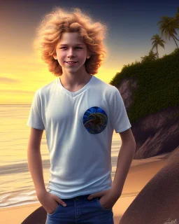 full length photograph of a beautiful 12 year old boy with long, blonde curly hair and light blue eyes, smiling, in front of a beach in sunset, highly detailed, smooth, photorealistic, digital art, HDR