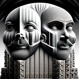 surreal poetic composition with multiple human bearded smiling faces with closed eyes, , 3D, high-relief, in the style of M.C.Escher, optical art, photorealistic, ambient occlusion, top light, black background , high contrast, symmetrical