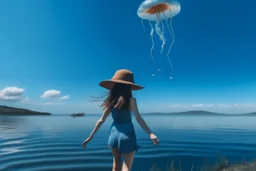 woman standing next to a lake, flying mushrooms with jellyfish tenacles in a blue sky