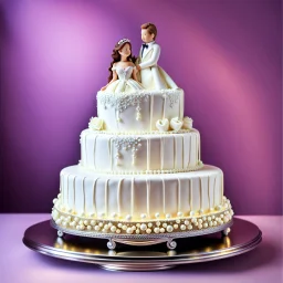 A hyper-realistic, detailed photo of a massive, elegant single-tier wedding cake. On top of the cake, there is a luxurious vintage open-top convertible toy car, made of fondant or edible sugar. Inside the car, sitting happily, are a tiny bride and groom doll. The cake is beautifully decorated with intricate white and silver icing, sugar pearls, and delicate floral patterns. The scene is lit with soft, warm studio lighting, creating a magical and joyful atmosphere. Shallow depth of field, focusin